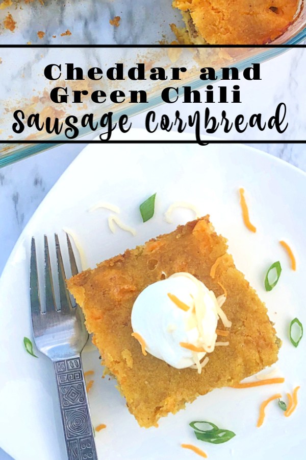 Now’s the perfect time to bake up a fresh batch of Cheddar and Green Chili Sausage Cornbread! How do I know? Because it’s loaded with layers of moist, dense cornbread, melted cheddar, mild green chilies, and cooked crumbled sausage