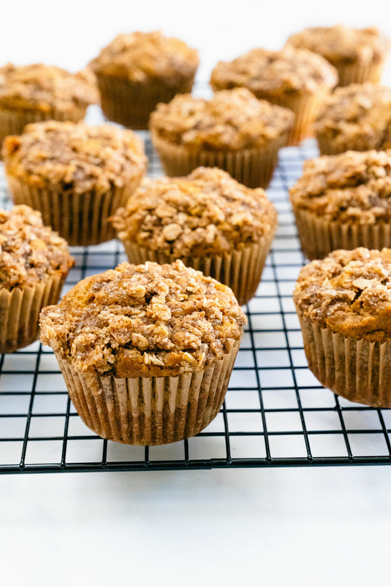 The glittery streusel topping on these healthy pumpkin muffins adds the perfect crunch, and the moist interior is pumpkin-spiced heaven