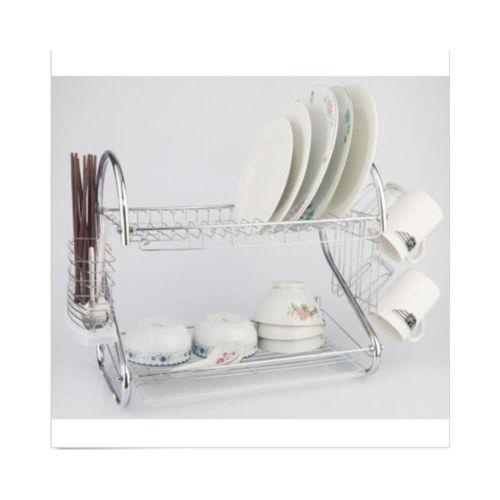 2 Tiers Kitchen Dish Cup Drying Rack Drainer Dryer Tray Cutlery Holder Organizer