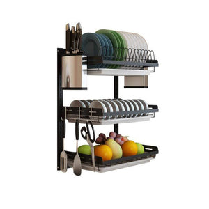 Ctystallove 3 Tier Black Stainless Steel Dish Drying Rack Fruit Vegetable Storage Basket with Drainboard and Hanging Chopsticks Cage Knife Holder Wall Mounted Kitchen Supplies Shelf Utensils Organizer
