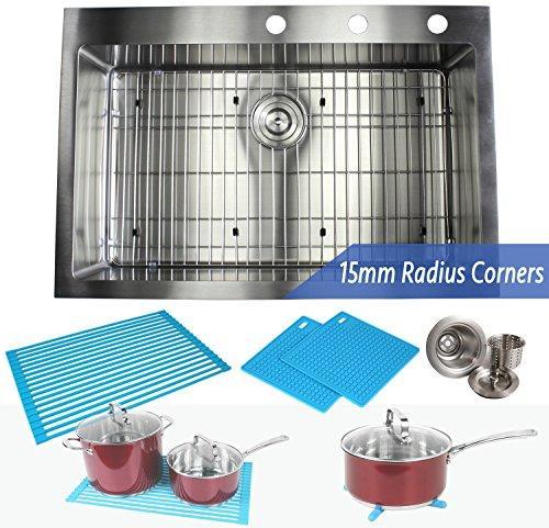 33 Inch Topmount / Drop In Stainless Steel Kitchen Sink Package – 16 Gauge Single Bowl Basin - Ideal For Home Improvement, Renovation & Remodel - Complete Sink Pack + Bonus Kitchen Accessories