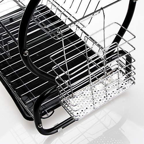 2-Tier Dish Rack and Drain Board, Brilliant Black Large Kitchen Plate Cup Dish Drying Rack Storage Tray Cutlery Dish Drainer Room Saving