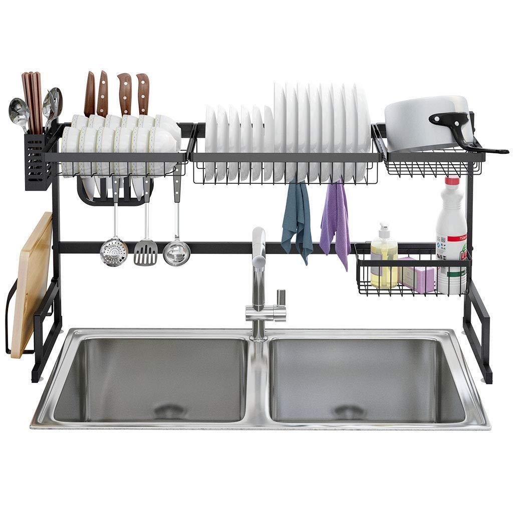 LANGRIA Dish Drying Rack Over Sink Stainless Steel Drainer Shelf, Professional 2-Tier Utensils Holder Display Stand for Kitchen Counter Organization, Fully Customizable, 37.4 Inches Width (Black)