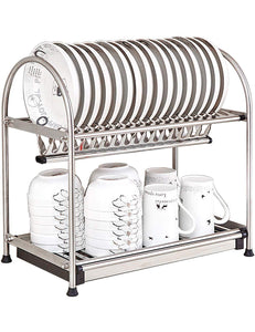 Kitchen Hardware Collection 2 Tier Dish Drying Rack Stainless Steel Stand On Countertop Draining Rack 17.9 Inch Length 16 Dish Slots Organizer with Drainboard for Cup Plate Bowl
