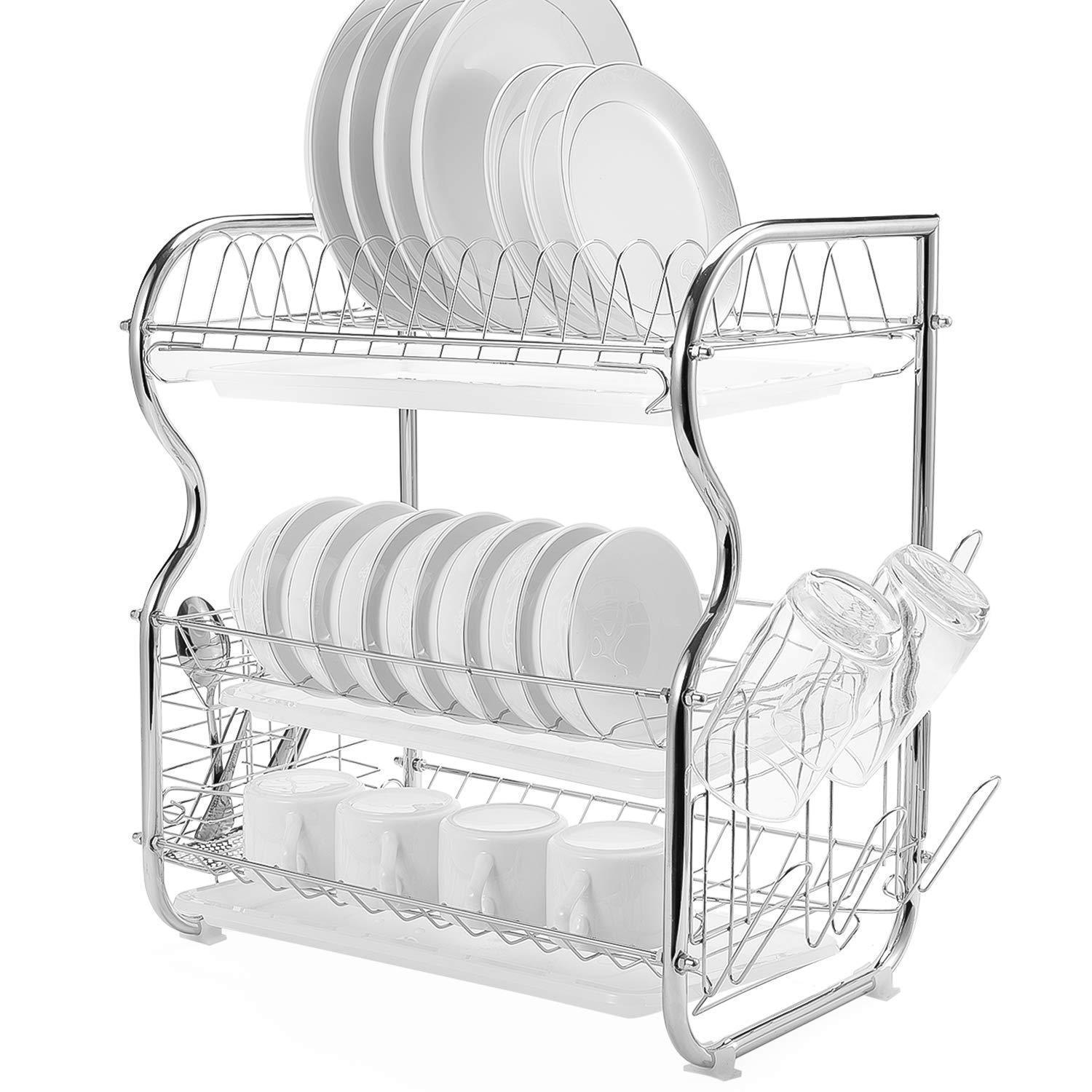 Glotoch Dish Drying Rack, 3 Tier Dish Rack with Utensil Holder, Cup Holder and Dish Drainer for Kitchen Counter Top, Plated Chrome Dish Dryer Silver 17.2 x 9.5 x 15 inch