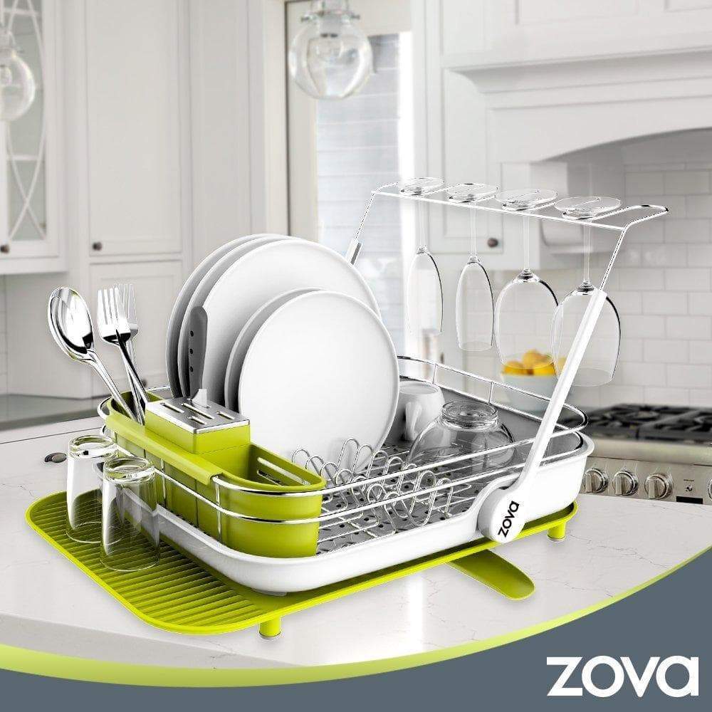 MR.SIGA zova Premium Stainless Steel Multi-Functional Dish Drying Rack with Cutlery Holder and Wine Glass Rack, Dish Drainer Utensil Organizer for Kitchen– Large, White &Green