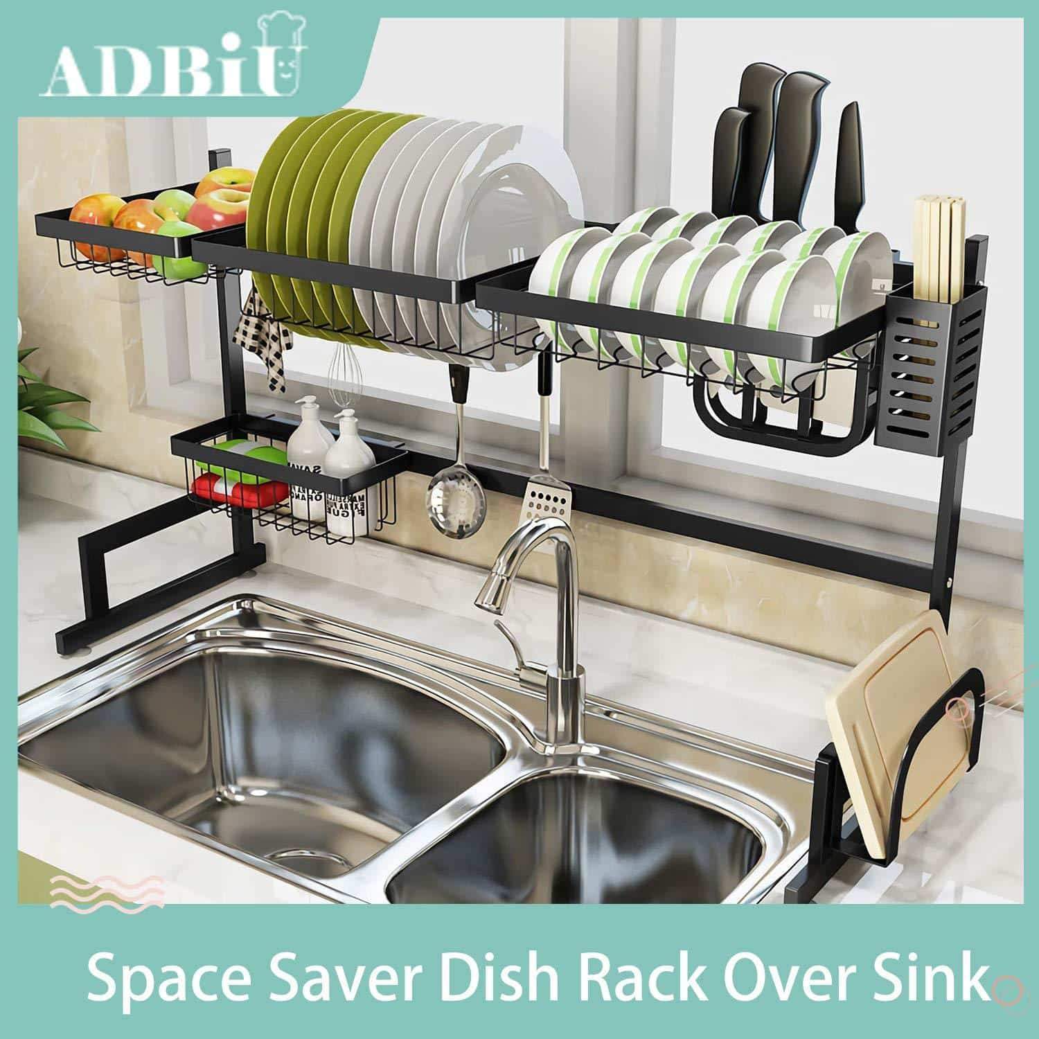 Sink Rack Dish Drainer for Kitchen Sink Racks Stainless Steel Over The Sink Shelf Storage Rack (Sink size ≤ 32 1/2 inch) (Black, 33.8X12.5X20.5inch)