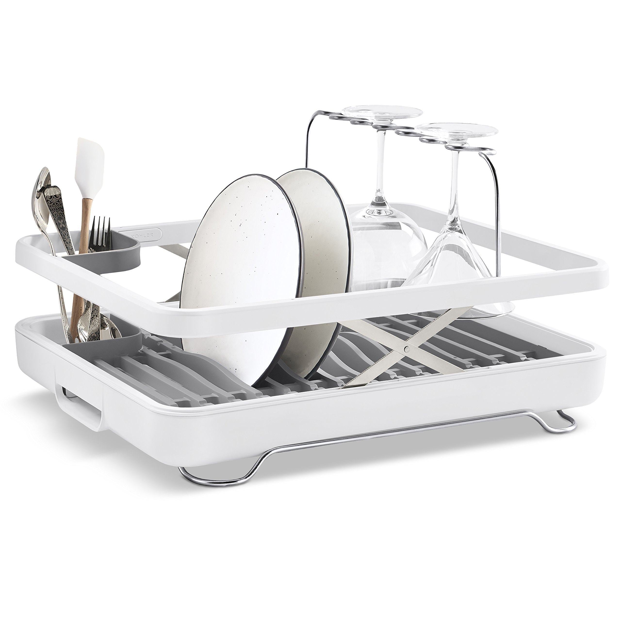 KOHLER (K-8631-0) Large Collapsible & Storable Dish Drying Rack with Wine Glass Holder and Collapsible Utensil Band. Even Made to Hold Pots and Pans, White