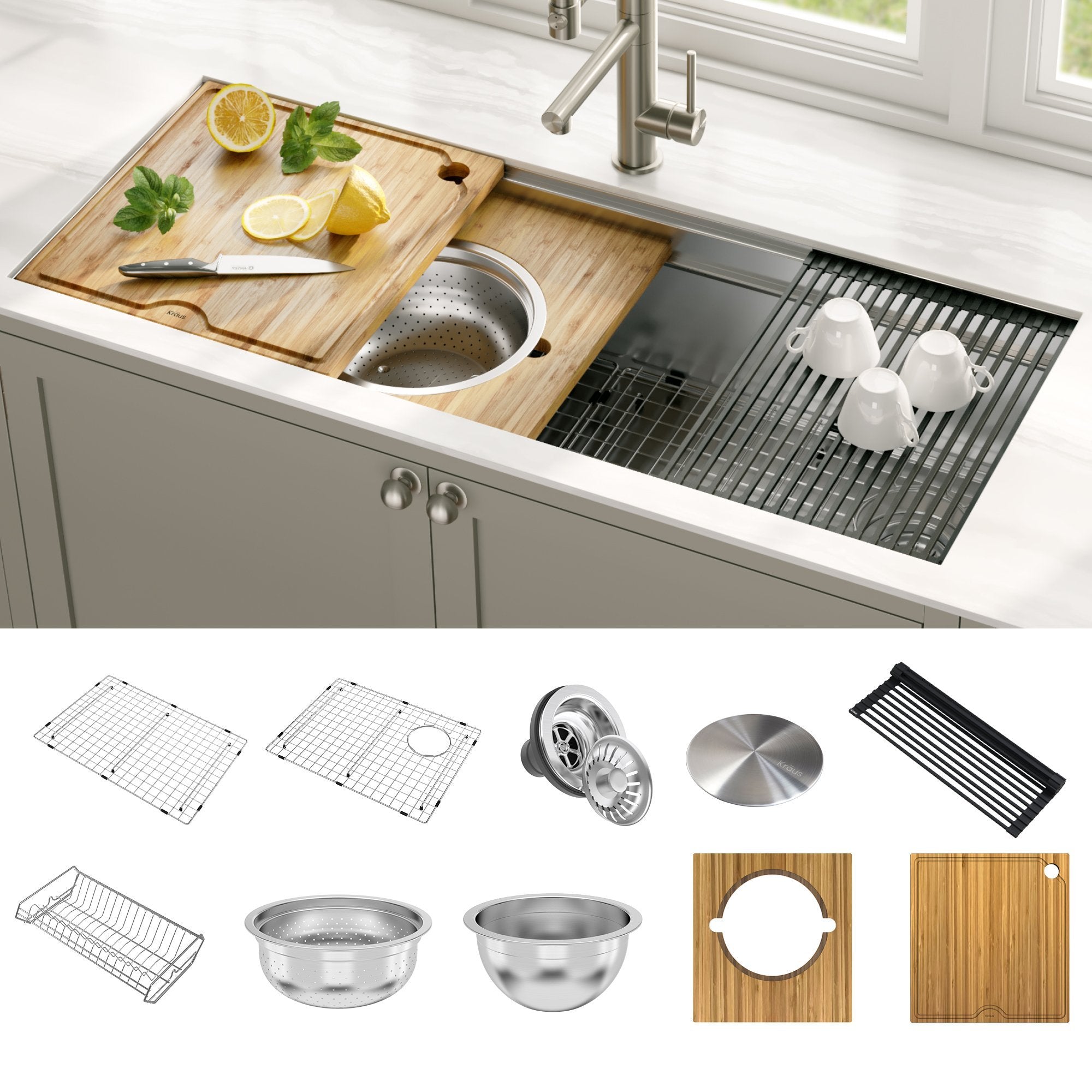 KRAUS Kore™ 2-Tier Workstation 45-inch Undermount 16 Gauge Single Bowl Stainless Steel Kitchen Sink with Accessories-DirectSinks