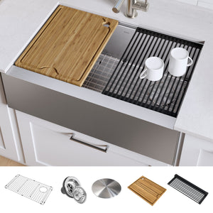 KRAUS Kore™ Workstation 33-inch Farmhouse Flat Apron Front 16 Gauge Single Bowl Stainless Steel Kitchen Sink with Accessories-Kitchen Sinks-DirectSinks-Fast and free shipping
