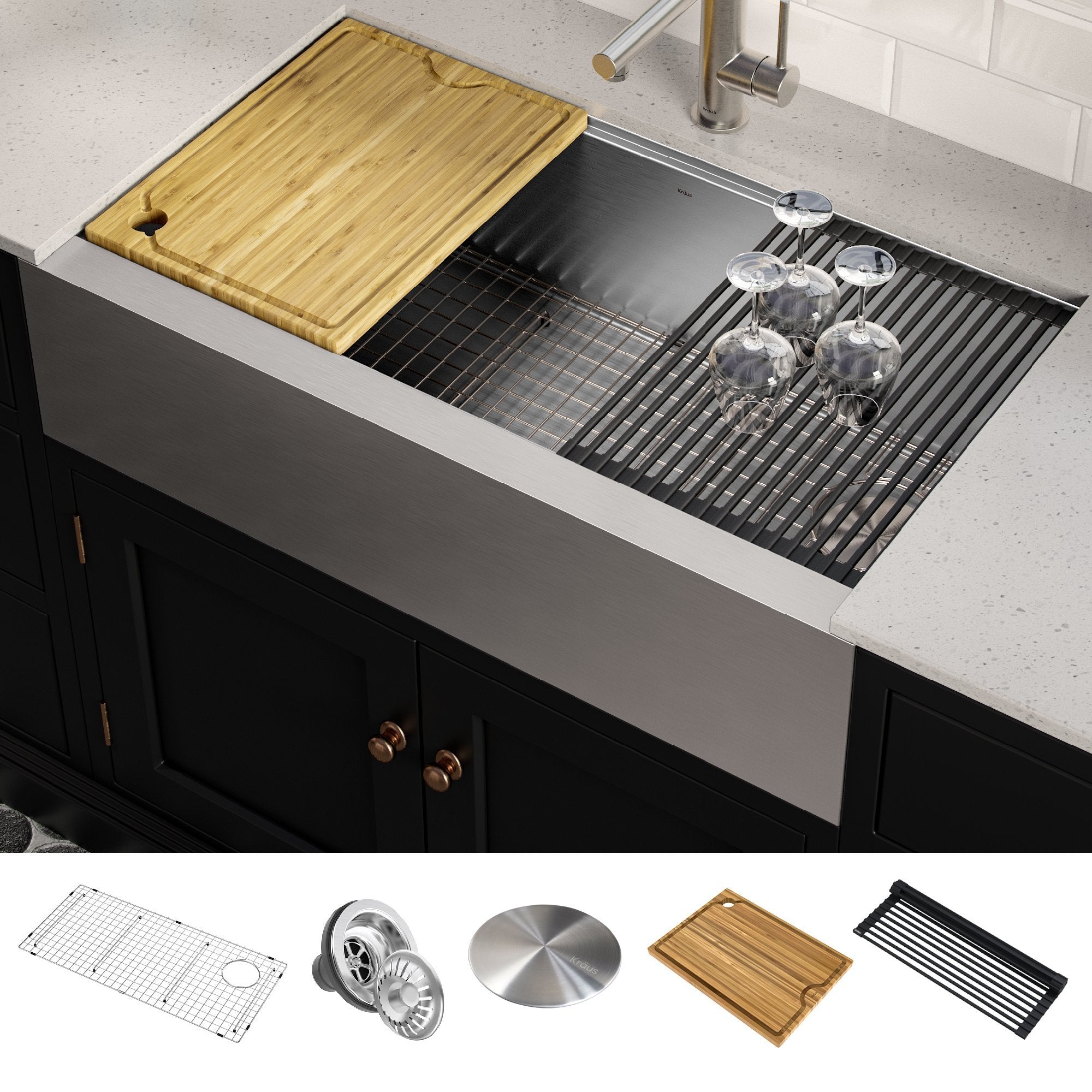 KRAUS Kore™ Workstation 36-inch Farmhouse Flat Apron Front 16 Gauge Single Bowl Stainless Steel Kitchen Sink with Accessories-Kitchen Sinks-DirectSinks-Fast and free shipping